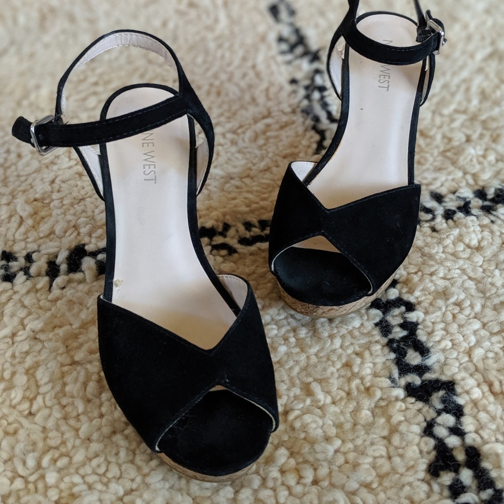 Nine West black peep toe cork wedges, 6